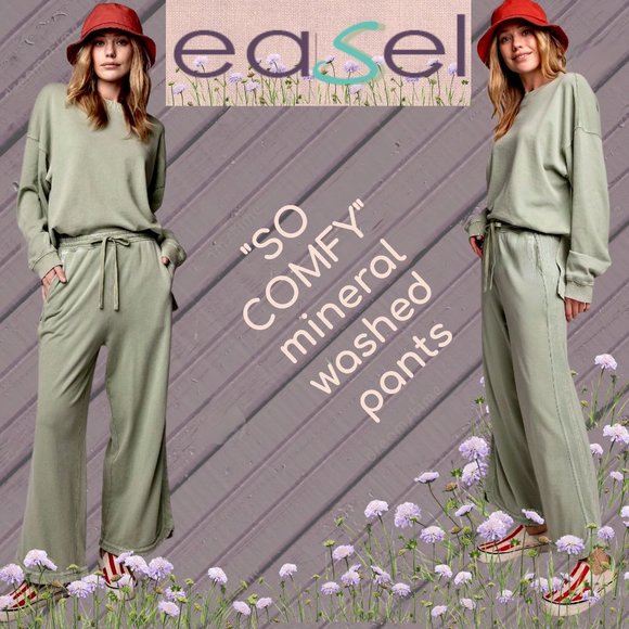 EASEL "So Comfy" Side Seams Scooped Hem Wide Leg Mineral Washed Pants Drawstring - Picture 1 of 16